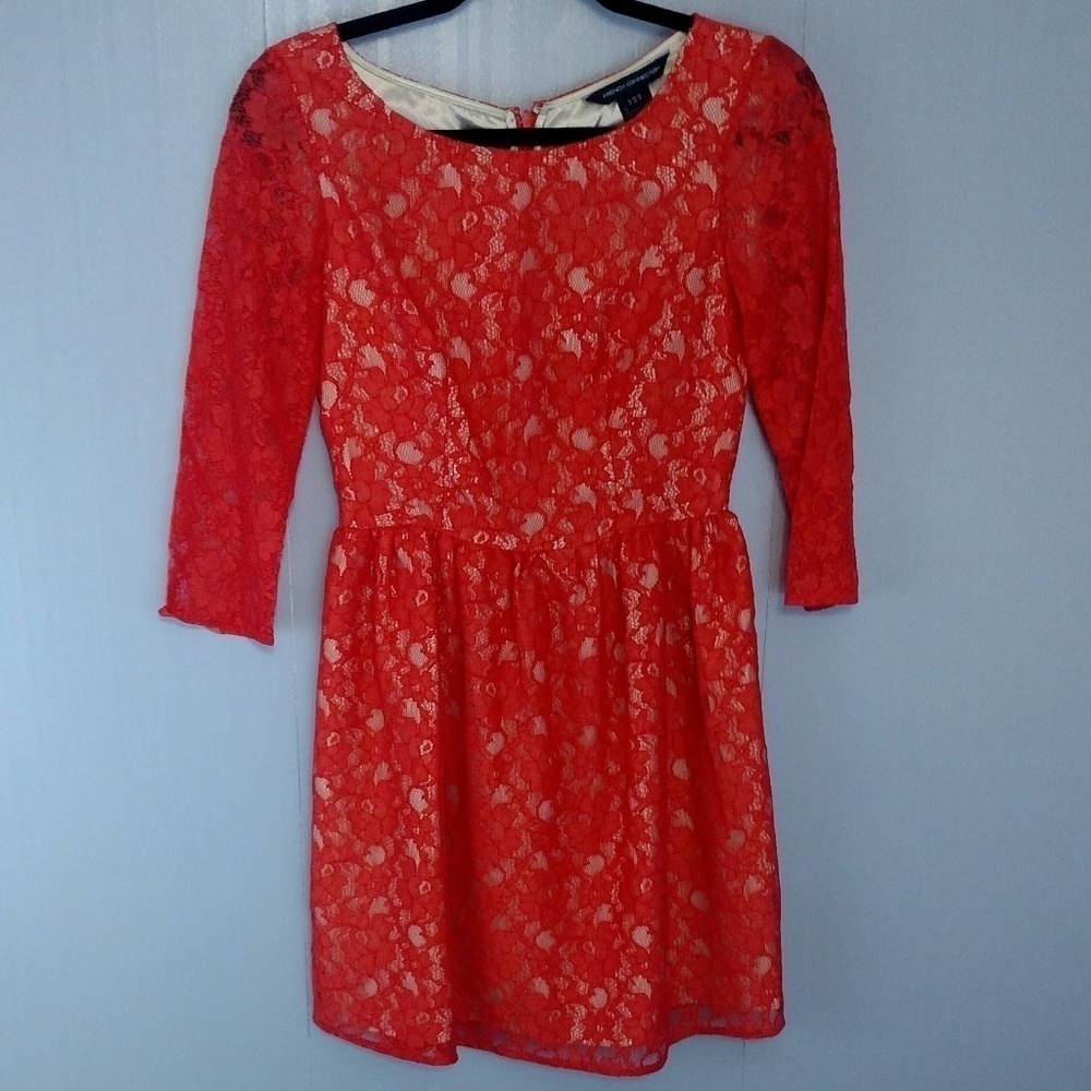 French Connection Red Lace Fit Flare Dress 3/4 Sleeve Boat Neck Evening Party - Picture 2 of 6